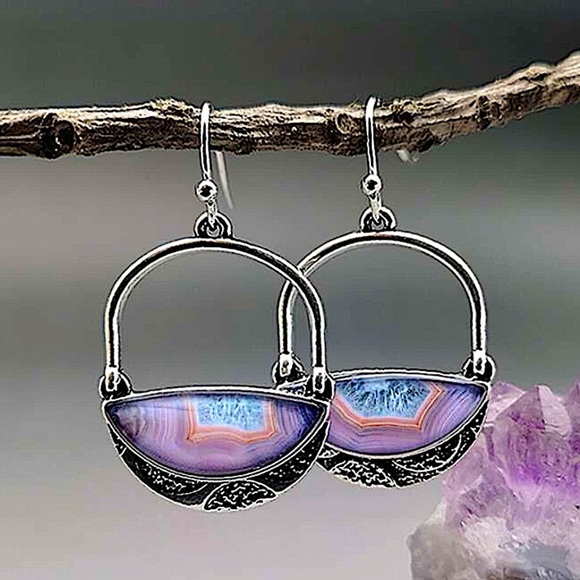 Vintage Handmade Silver Purple Hollow Out Boho Dangle Earrings - Picture 2 of 5